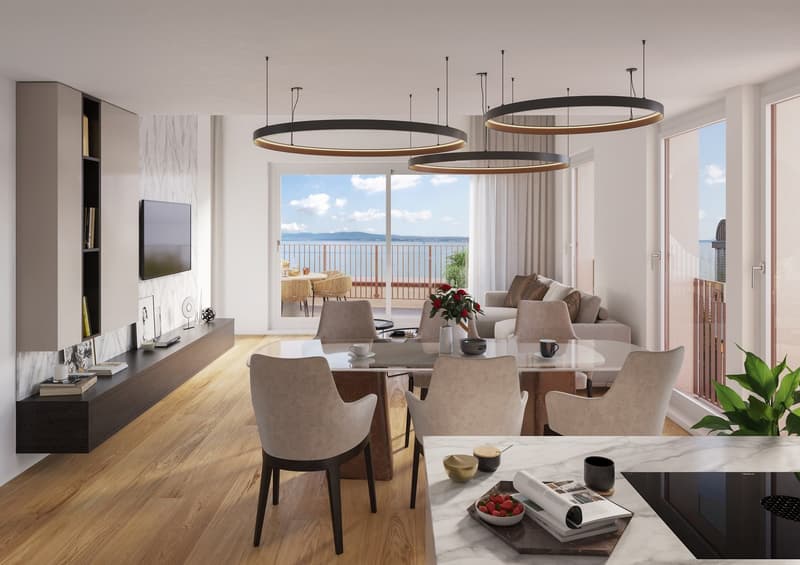 a table, chairs, couch, coffee table, dining area, TV, fireplace, balcony with an ocean view