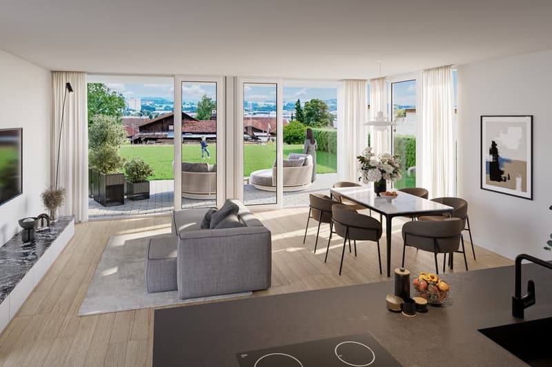 modern interior, large windows, sliding glass doors, gray sofa, dining table, kitchen counter, marble countertop, modern furniture, natural light