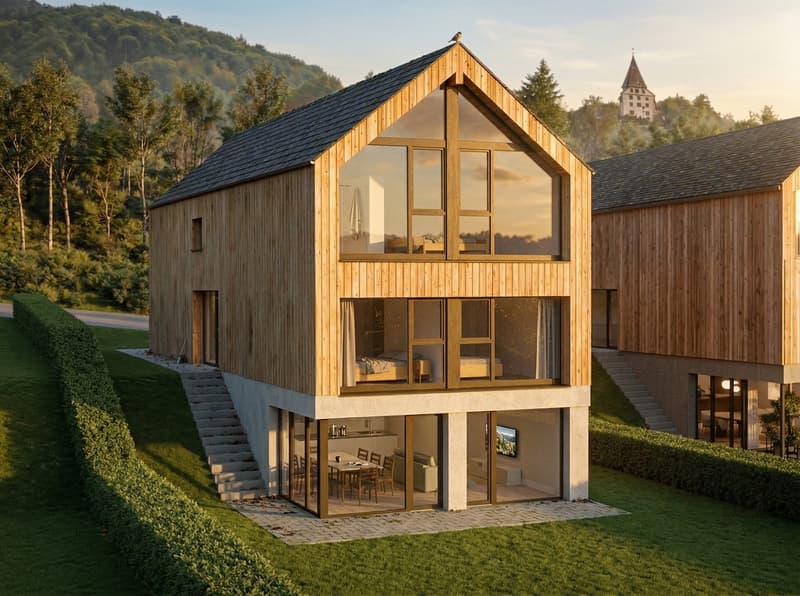 modern wooden house, raised ground floor, large windows, green surroundings, mountain view