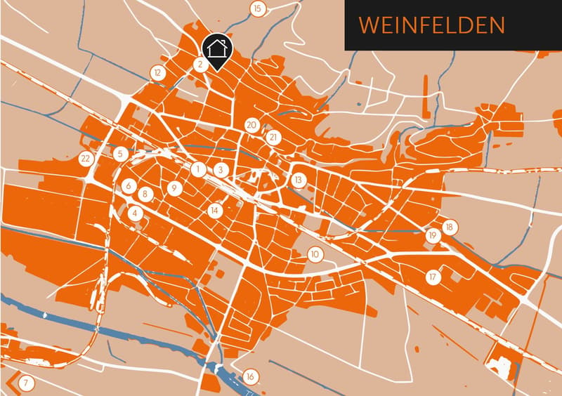 Map of Weinfelden with 21 different marked areas