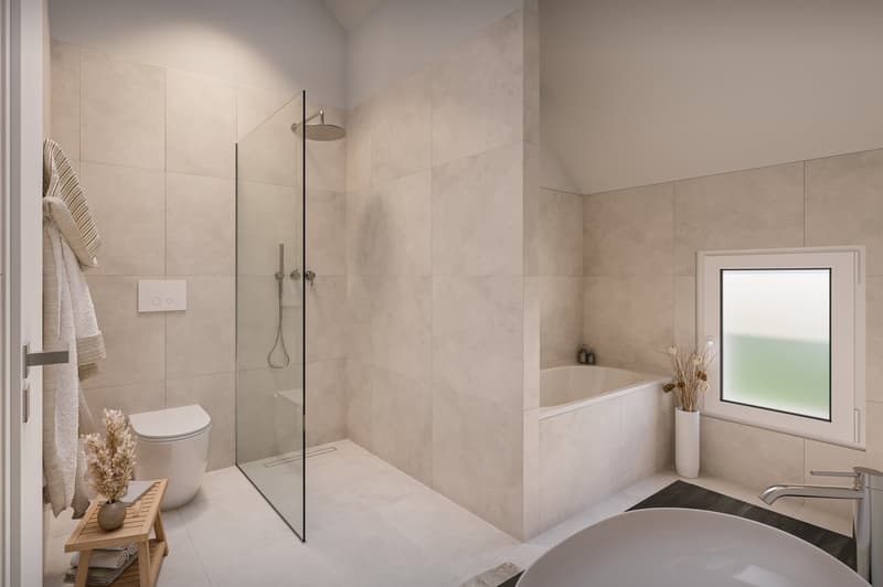 tiled floor, shower cubicle, toilet, bathtub, sink, faucet, glass door, power outlet, towel rack, decorative items