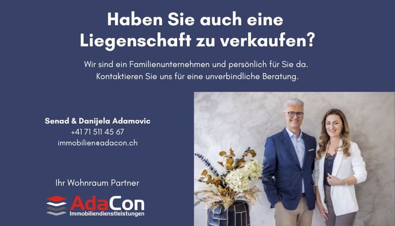 Advertisement for real estate services, featuring two people, a man and a woman, standing together with a vase of flowers in the background.