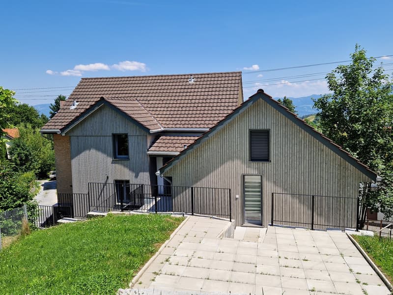 Modern house with brown roof, wooden exterior, black railings, paved entrance, and a grassy area in front.