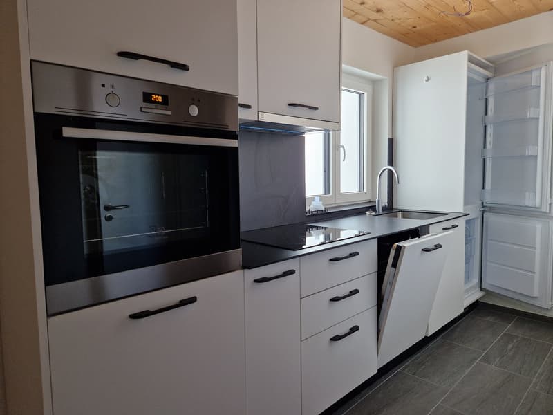 modern kitchen, white cabinets, black countertops, stainless steel appliances, open refrigerator, dishwasher, washing machine, gas stove, oven, sink, faucet