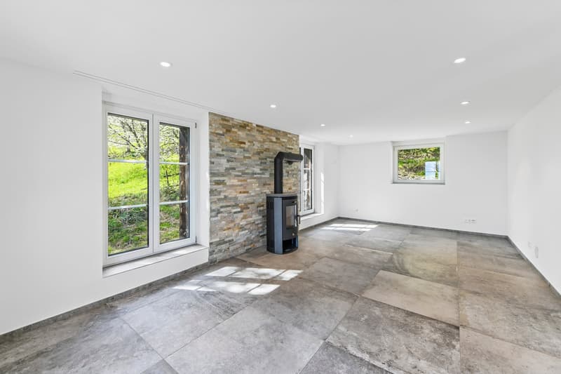empty room, fireplace, large windows, tiled floor