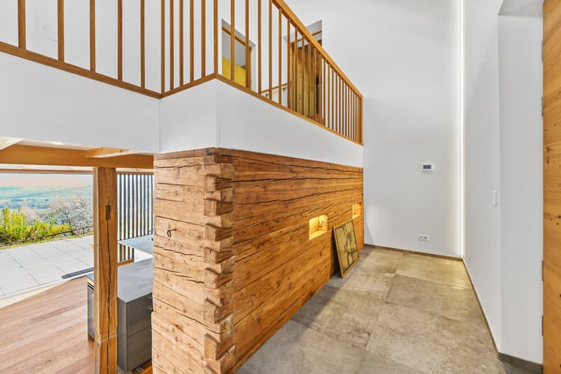 wooden wall, wooden floor, white wall, balcony, wooden railing, window