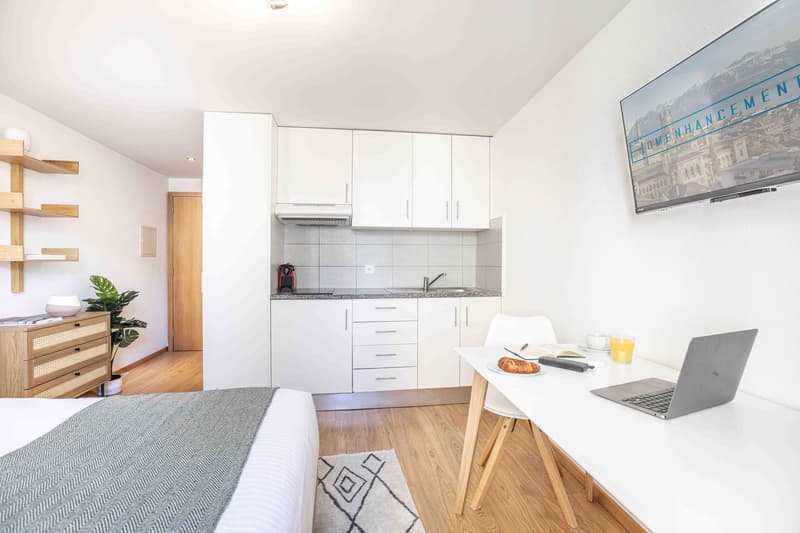 The image shows a studio apartment with an open-plan layout. The kitchen area features white cabinets and a dishwasher. There is a dining table with a laptop and a croissant, and a living area with a gray patterned rug and shelving. The apartment has hard