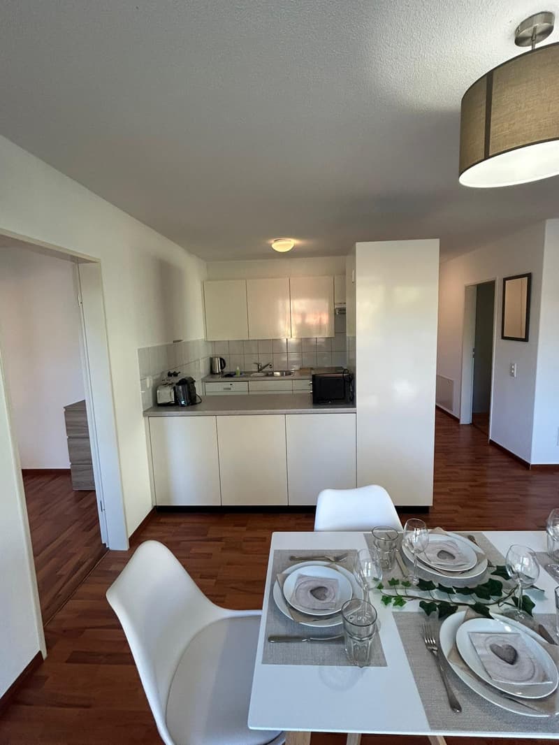 modern kitchen, dining area, white chairs, wooden floor, white cabinets, modern sink
