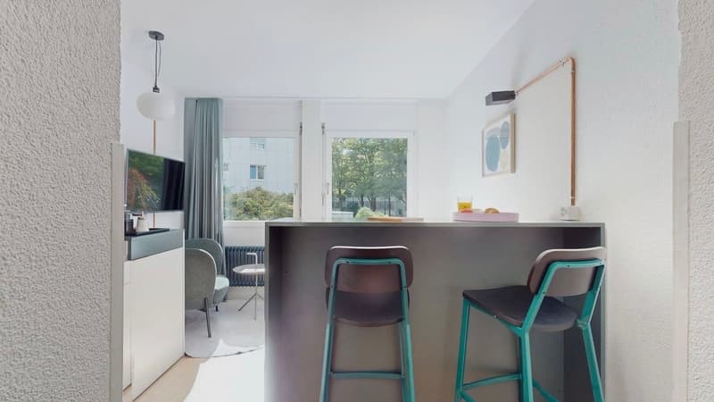 kitchen island with two chairs, counter with breakfast tray, TV, shelves, chairs, radiator, windows