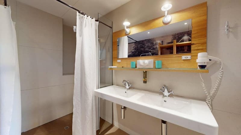 White shower with shower curtain, double sink, mirror, wooden shelf with hairdryer, soap holder and mirrors, lights above mirror, power outlet