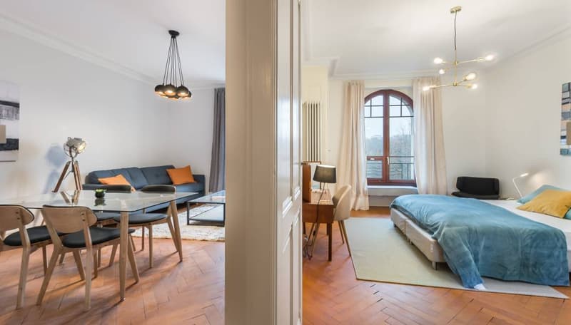 apartment with dining table and chairs, sofa, coffee table, lamp, chandelier, desk, lamp, chair, bed, pillows, rug