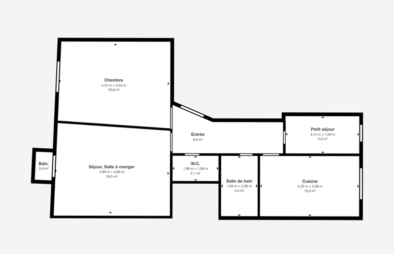 2 bedrooms, entrance, living room, dining room, WC, bathroom, kitchen, small hall