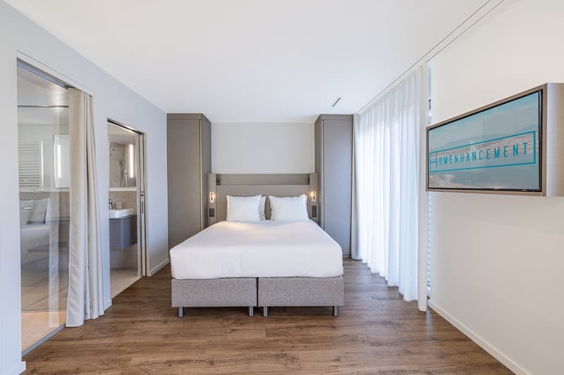 double bed, white bedding, white walls, gray cabinet, TV, sink, shower