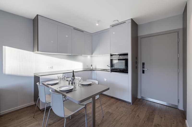 dining area with table and chairs, kitchen area with stove and sink