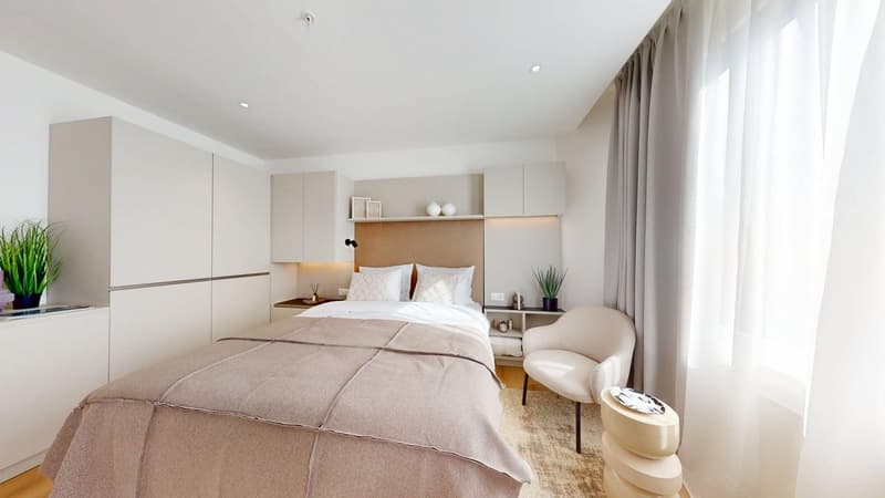 modern white bedroom, double bed, side table, chair, shelf, potted plant, wooden floor, white curtains
