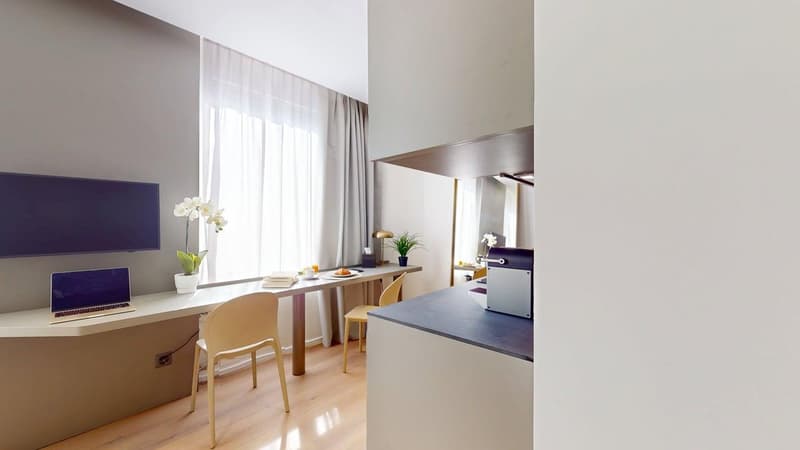 Minimalist room with wooden floors, large window with white curtains, a desk with a laptop, a chair, a counter with an espresso machine, plants, and a flat screen TV.