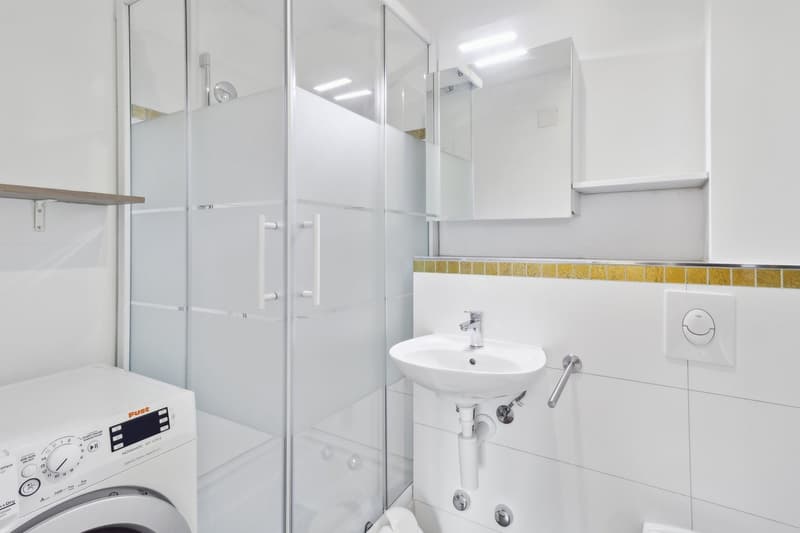 Glass shower, white sink, white tiles, white washing machine, modern design