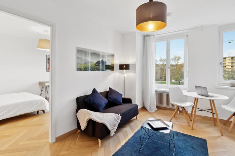 cozy room with wooden floor, a bed, a sofa, a dining table, a desk with a laptop, lamps, and artwork on the wall