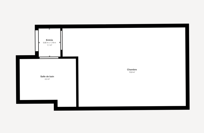 Entrée: 0,92 m x 1,19 m, 1,1 m²; Chambre: 15,8 m²; Salle de bain: 4,4 m²