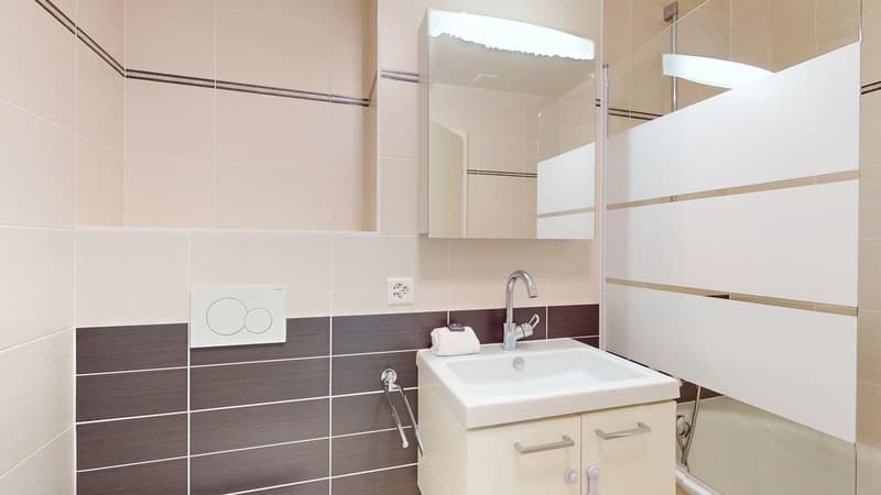 Bathroom with modern design, with white sink, mirror, power outlet, and a glass door shower. The walls are tiled with beige and brown colors.