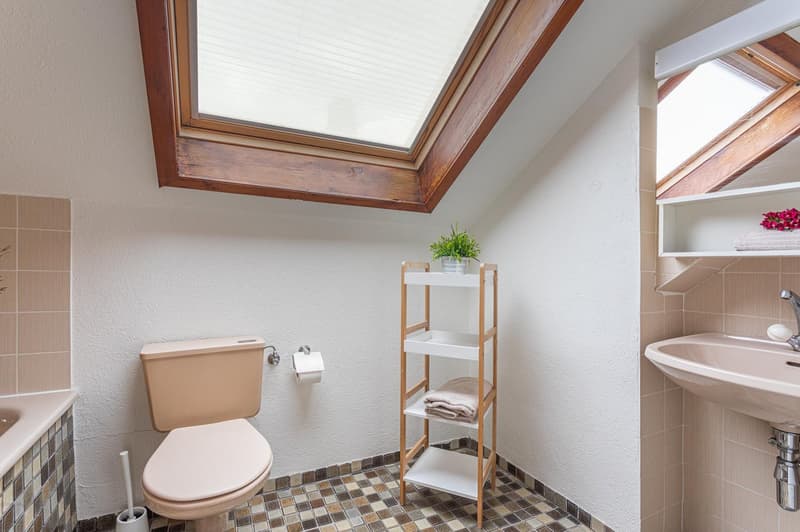 bathroom with shower, toilet, sink, wooden ceiling, sky light, shelf, bathtub