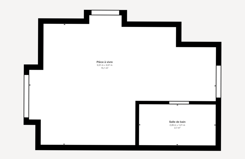 Living area, bedroom, bathroom, and separate kitchen area