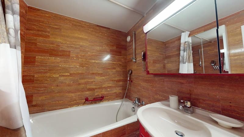 Bathroom with a bathtub, wooden wall panels, a vanity with a sink, a large mirror, a toilet roll holder, a cup and a bowl on the counter, and a faucet