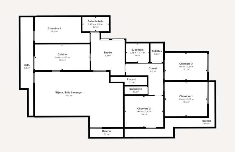 Living room, dining room, kitchen, 4 bedrooms, 2 bathrooms, 2 balconies