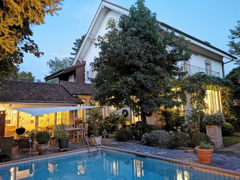 detached house, white exterior, swimming pool, large windows, covered patio, garden