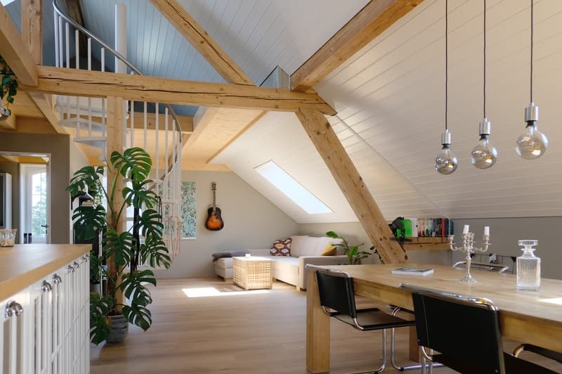 exposed wooden beams, spiral staircase, dining table, potted plant, sofa, guitar