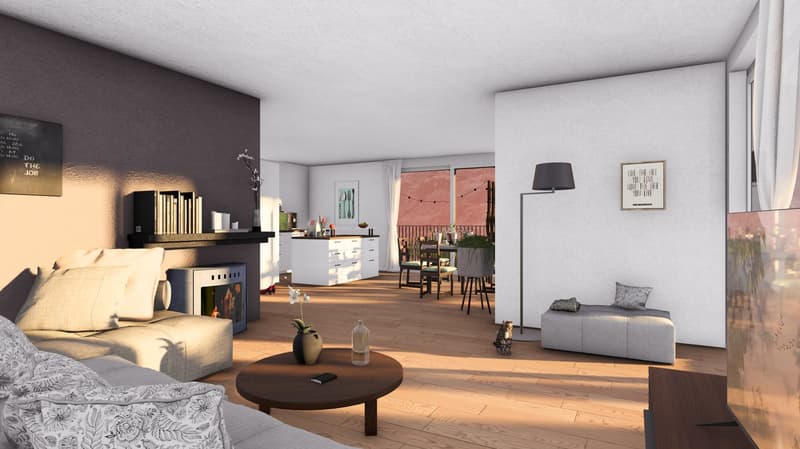 Living room, fireplace, large windows, balcony, modern furniture