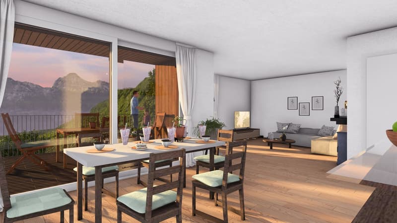 Dining room with balcony, large windows, wooden floor, dining table with chairs, outdoor seating