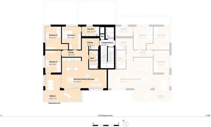 2nd floor, 3 bedrooms, 2 bathrooms, hallway, living room, kitchen, dining area, balcony
