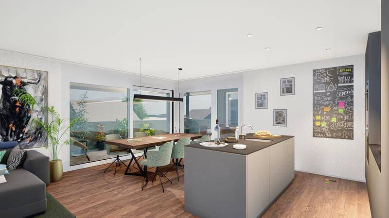kitchen with island, large dining table, sliding doors to the terrace, modern furniture, wooden floors, large glass windows
