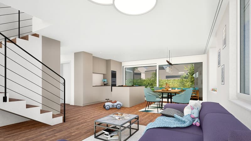 A room that combines a living area and a kitchen, wooden floors, large windows, a staircase on the left, modern appliances and furniture, a view of trees outside