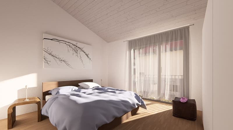 A cozy bedroom with wooden bed, wooden nightstand, artwork, white curtains, balcony