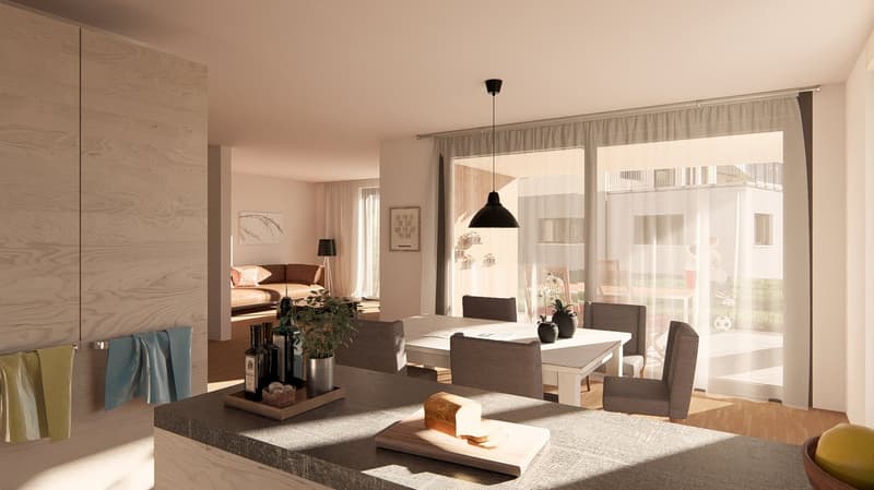 Dining room with a large glass sliding door, wooden floor, white walls, open kitchen, table with chairs, pendant lamp