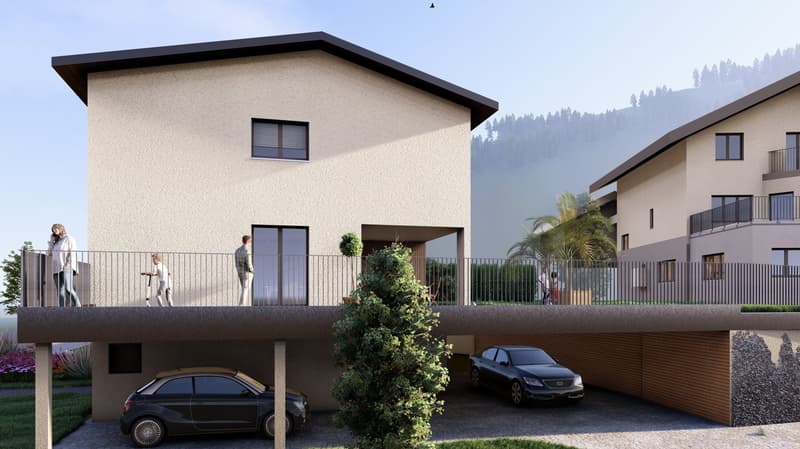 Contemporary design two-story house, raised ground floor, balcony with metal railing, two cars parked in garages below