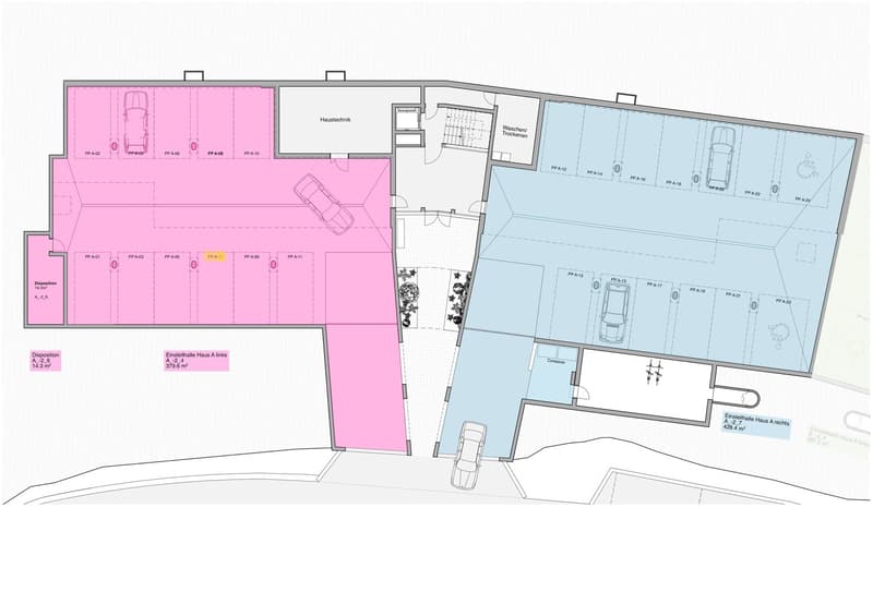 Multiple sections indicating rooms, balconies, and parking with specific measurements