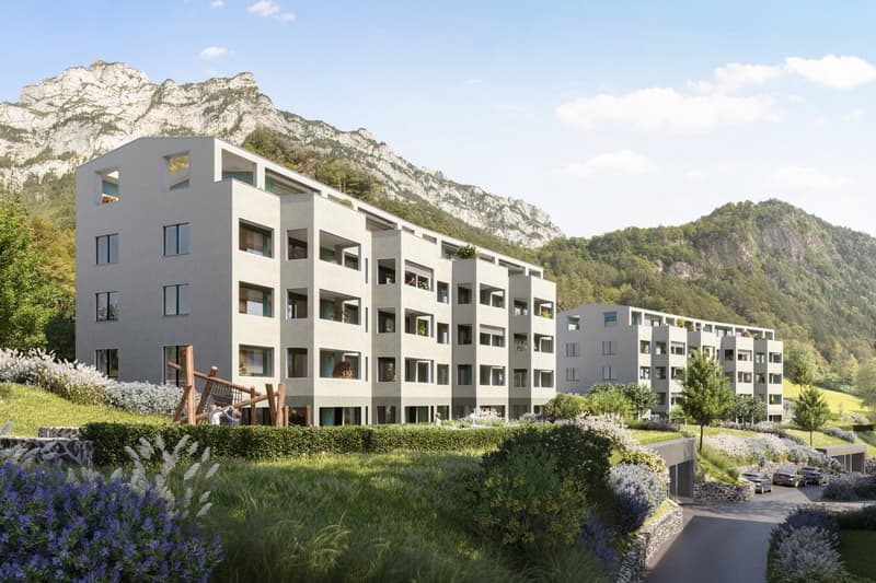 Modern, two-building complex, raised ground floor, balconies, large windows, green surroundings, mountains in the background.