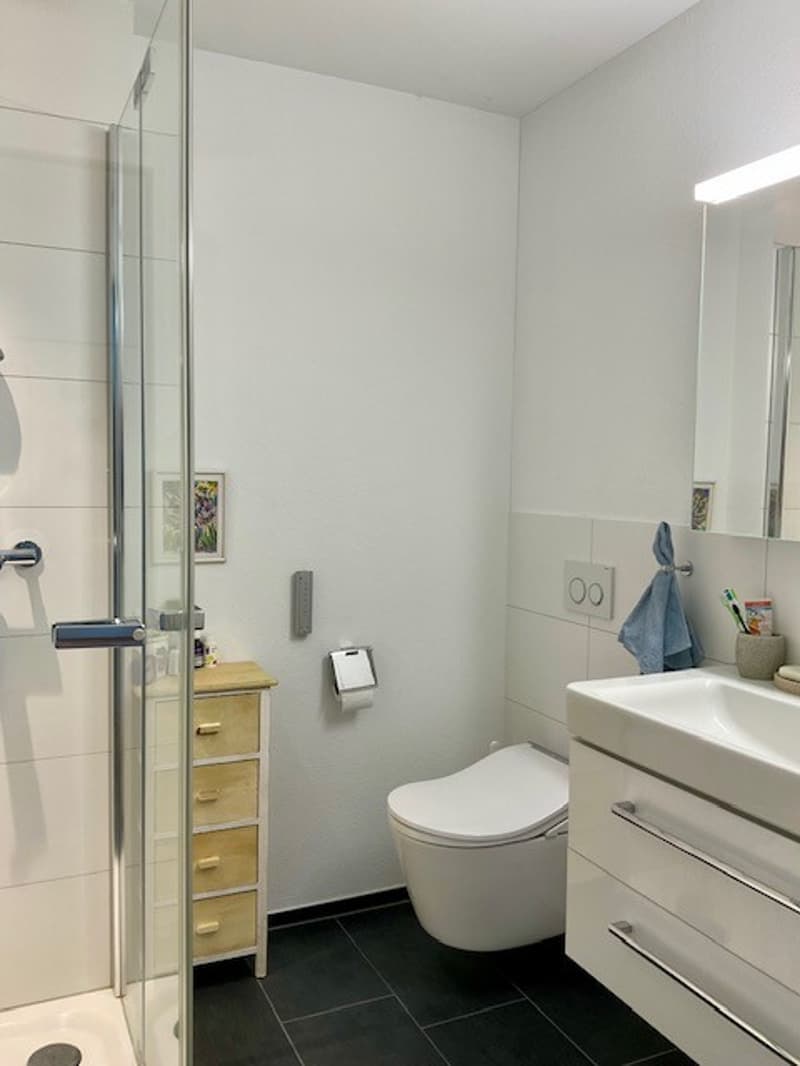 white tiles, white bathtub, toilet, white cabinets, small shower