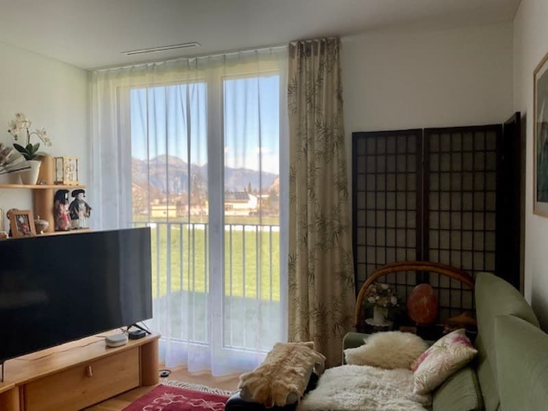 living room with couch, tv, rug, shelves with flower vases, balcony with view of the mountains