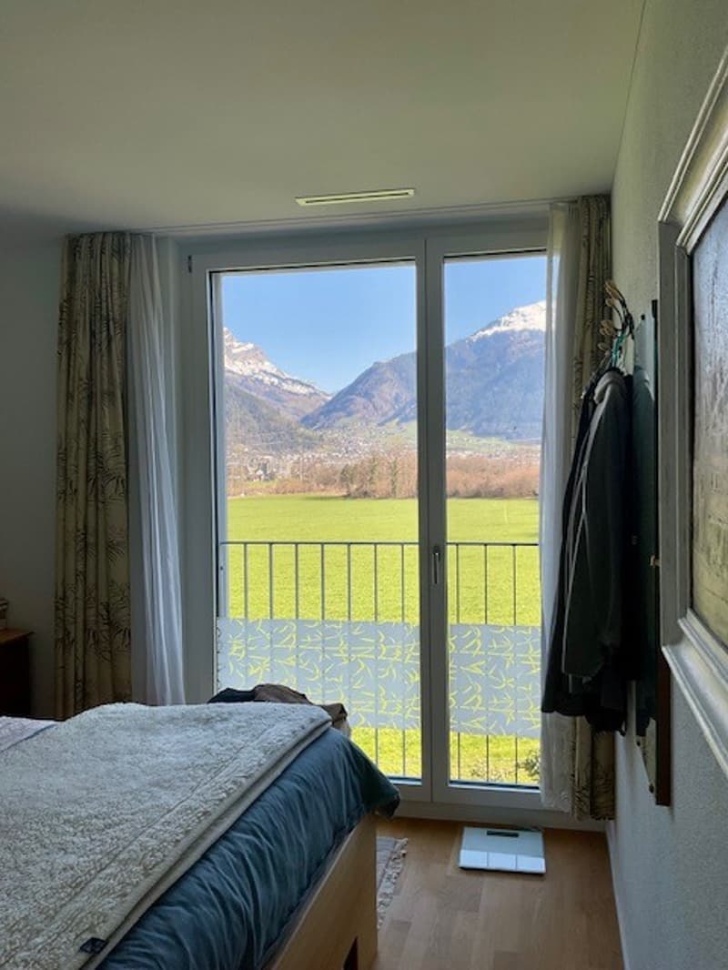 Double bed, wooden bed frame, large glass door with metal grill leading to a balcony with view of a meadow and mountains