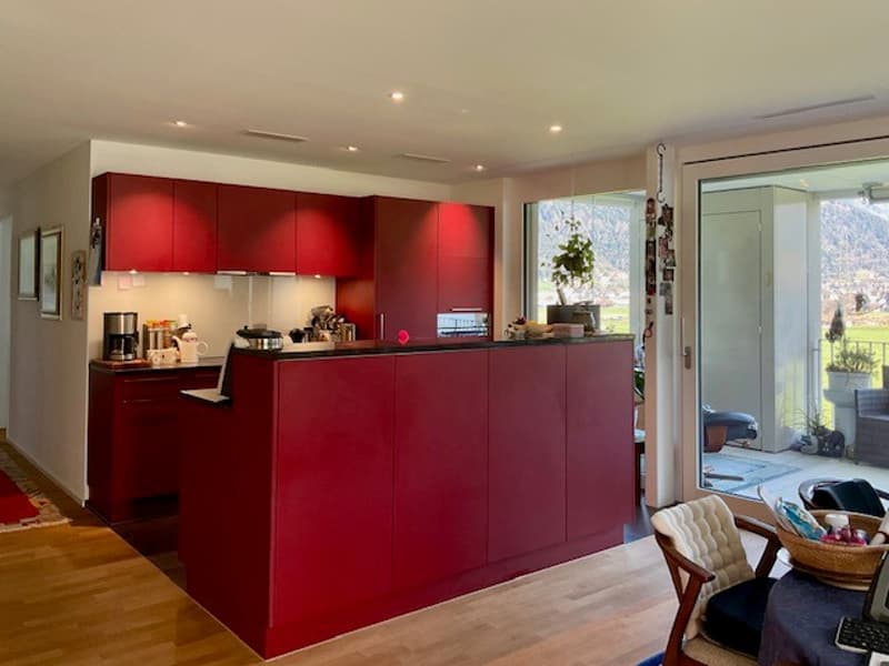 modern kitchen, red cabinets, marble countertop, sliding glass door, large windows, wooden floor, view