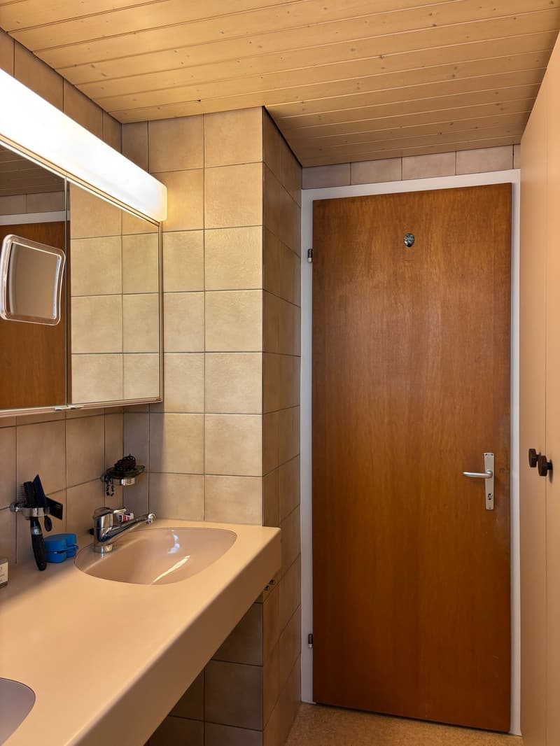 Bathroom with a sink, mirror, and wooden door.