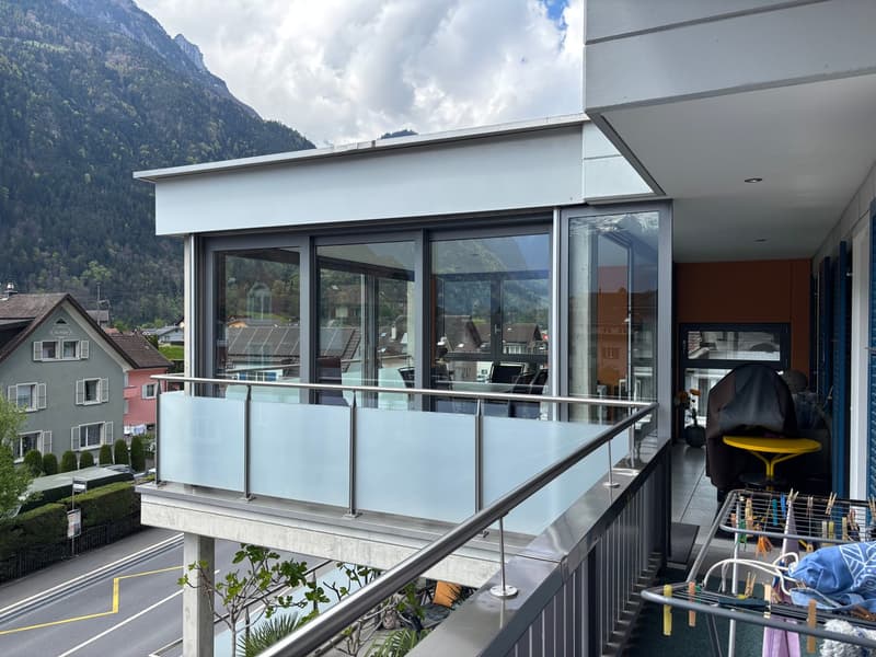 Glass railing, metal handrail, large glass windows, mountain view