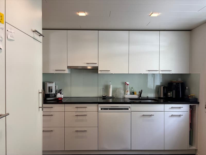 modern kitchen with white cabinets, black countertops, integrated dishwasher, modern appliances