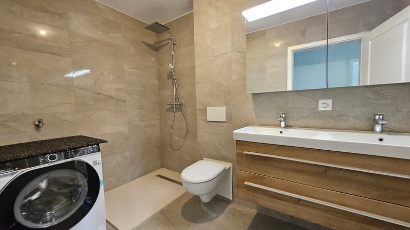 Modern bathroom with white tile, shower, white porcelain sink, white toilet, large mirror and wood cabinet