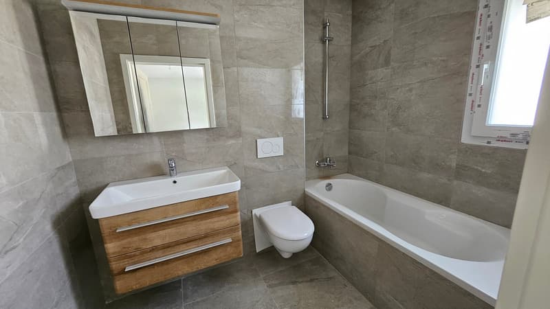 Bathroom with bathtub, sink, wooden cabinet, toilet, mirror, grey tiles, window