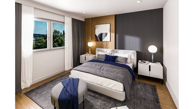 bed, gray carpet, night stands, large window, large area rug, stool